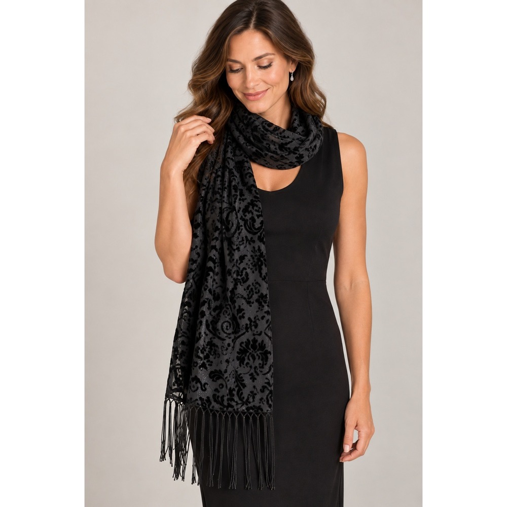 Valerie Stevens Fancy Scarf Shawl Wrap Women Black Burnout Velvet Fringe Sparkle